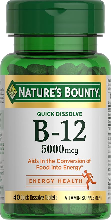 Vitamin B12 by Nature's Bounty, Quick Dissolve Vitamin Supplement, Supports Energy Metabolism and Nervous System Health, 5000mcg, 40 Tablets